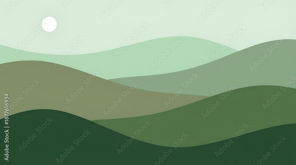 Obraz premium Minimalist Green Rolling Hills Landscape Illustration with Sun, Abstract Layered Mountains Background in Earth Tones for Nature Branding, Eco Friendly Design, and Modern Serene Wall Decor