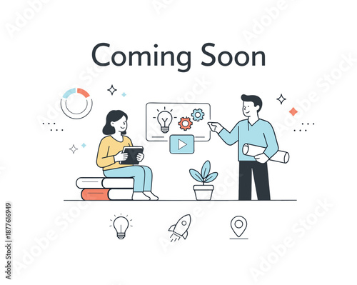 Minimalist Future Announcement. Coming Soon / Future Concepts. Minimal interface-style layout with ?Coming Soon? headline and decorative motion icons like