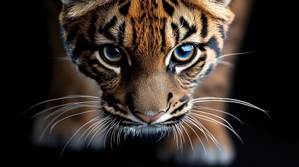 Young tiger cub with striking blue eyes and orange striped fur pattern against dark background for wildlife photography and nature designs.