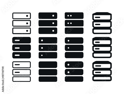 Tech Startup Logos. Tech startups. Icon set. Set Logo of tech startups: data server stack. harmonious logo variations of the same emblematic concept, each with
