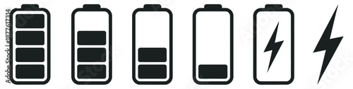 Monochrome battery indicator icons, minimal vector set including battery levels, low power warnings, charging signs, mobile app interface and energy symbols.