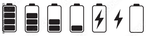 Monochrome battery charge icons, minimal vector set including battery levels, low battery alerts, charging signs, mobile application UI UX design.