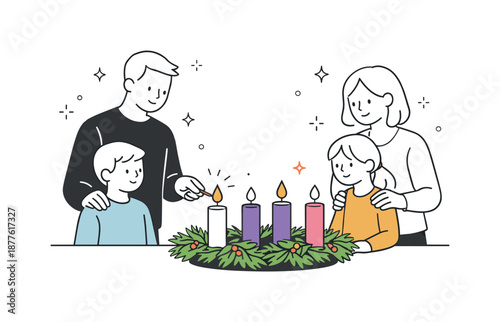 Peaceful Advent Candle Lighting. People lighting Advent candles at home. Adults and children standing quietly near a table with candles and greenery. Peaceful