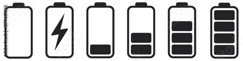 Monochrome battery charge level indicator icons, a minimal vector set including battery levels, low power warnings, charging signs for mobile applications, energy symbols, device icons, UI UX design.