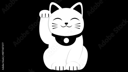A stylized illustration of a white cat with a raised paw, smiling, and wearing a black collar