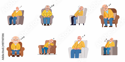 Senior man sleeping in an armchair set. Collection of different poses of grandfather napping, a tired old male character resting or dozing off in comfort.