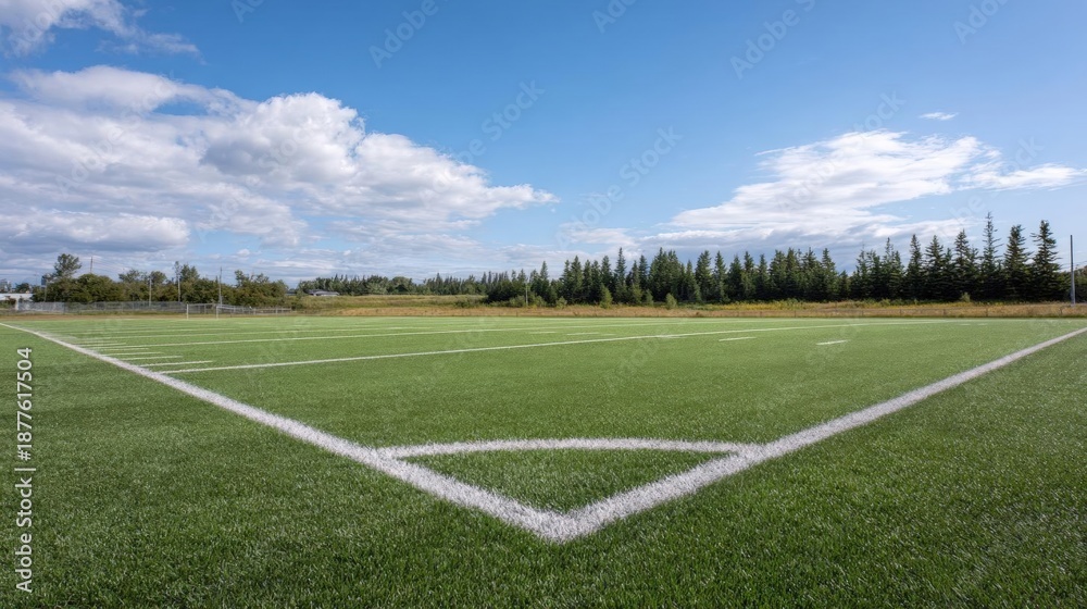Obraz premium Beautiful landscape of a soccer field. the field is covered in lush green grass and has a white line marking the boundaries of the field.