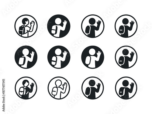 Farewell School Icons. Waving goodbye on the last day of school. Icon set. Set Logo of waving goodbye on the last day of school: farewell gesture circle icon.