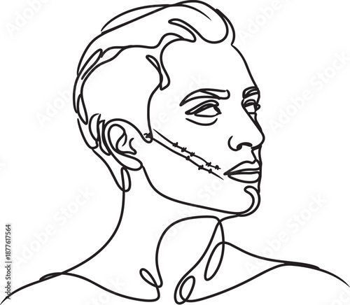 Continuous Line Art Man with Facial Scars Isolated on White Background