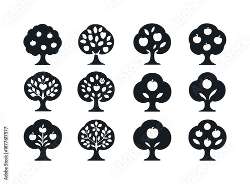 Apple Tree Logos. Apple tree. Icon set. Set Logo of apple tree: full tree silhouette. harmonious logo variations of the same emblematic concept, each with