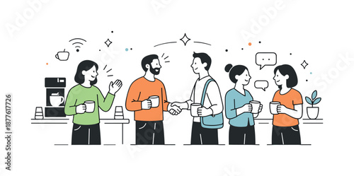 Friendly Coffee Break. Coworking networking moment. People greeting and chatting near a coffee area in a shared office. Casual connection and openness, simple
