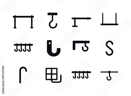 Hanging Systems Icons. Hanging systems. Solid icon set of hanging systems: clothes rail, ceiling hook, wall rod, hanging rod, storage hook system, closet rod