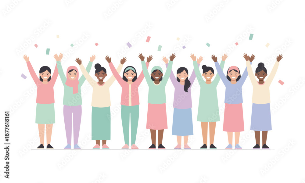 Obraz premium Diverse group of happy women celebrating together with raised hands and confetti, symbolizing unity, success, and female empowerment in a vibrant community