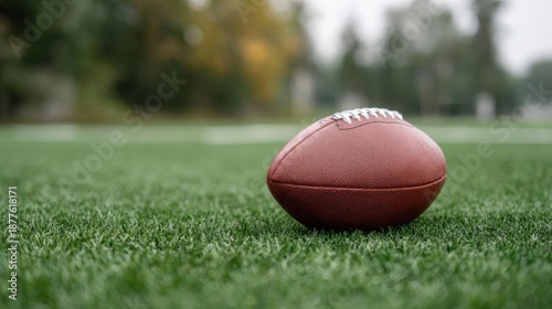 American football on a grassy field. the football is in focus, while the background is blurred, but it appears to be an outdoor sports field with trees in the distance.