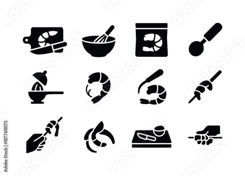 Shrimp Skewer Icons. Shrimp skewer preparation. Solid icon set of shrimp skewer preparation: cutting board, knife, mixing bowl, whisk, marinade bag, measuring