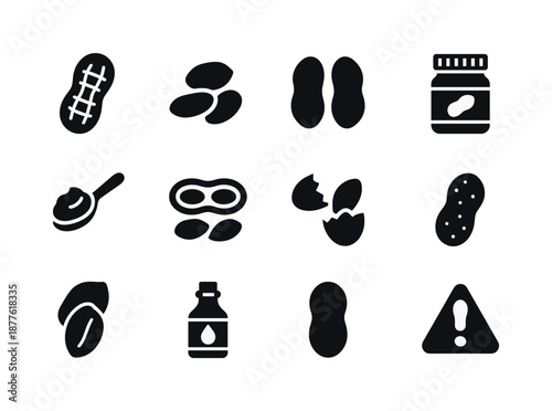 Peanut Icon Set. Peanuts. Solid icon set of peanuts: whole peanut shell, shelled peanuts, peanut halves, peanut butter jar, peanut butter spoon, peanut pod,