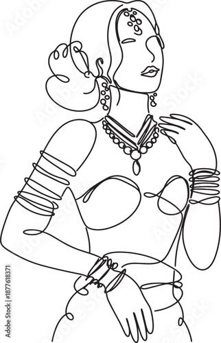 Indian Woman Posing Elegantly Wearing Traditional Jewelry Continuous Line Art Isolated on White