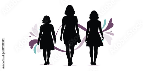 Silhouettes of three women of varying heights walking together, symbolizing female progress, community, and the journey through different life stages