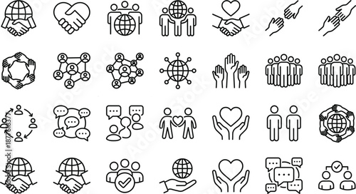 Global community and social connection line icon set featuring teamwork partnership communication support unity collaboration worldwide people networks