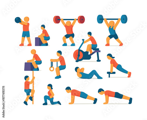 Cross-Training Icons Grid. Cross-Training Exercises. Colorful flat vector icons set of Cross-Training Exercises: kettlebell swing icon, clean & jerk icon,