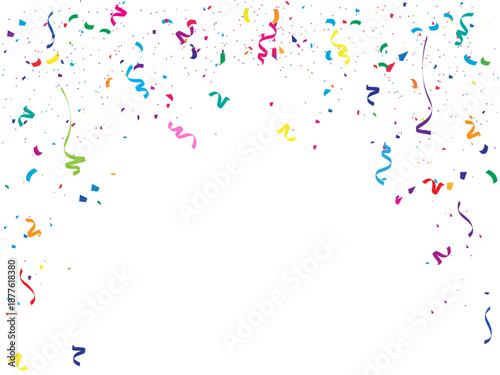 Colorful Confetti and Streamers Falling on White Background, Multicolor Party Streamers and Confetti Celebration, Bright Festive Confetti with Curly Ribbons
