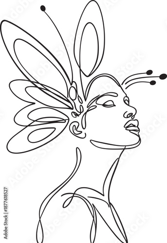 Woman with Butterfly Hairpiece Line Art on White Background