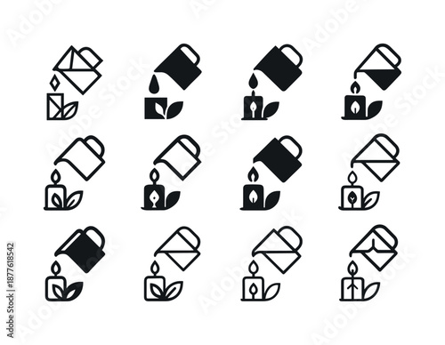 Eco-Friendly Candle Icons. Candle making with eco-friendly wax. Icon set. Set Logo of candle making with eco-friendly wax: pouring pitcher. harmonious logo