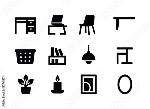 Urban Living Icons. Urban living essentials. Solid icon set of urban living essentials: compact desk, laptop stand, sleek chair, wall shelf, storage basket,