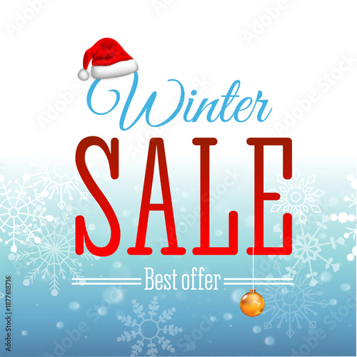 Square winter sale banner template with snowflakes on a soft blue background. Clean modern design perfect for social media posts, online promotions, seasonal advertising and winter marketing campaigns