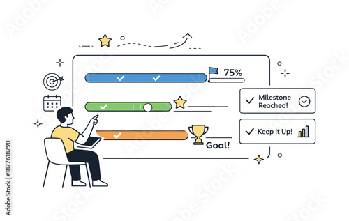 Streamlined Progress Tracker. Data-driven goal tracking. Individual monitoring progress bars and milestone indicators on a digital interface. Sense