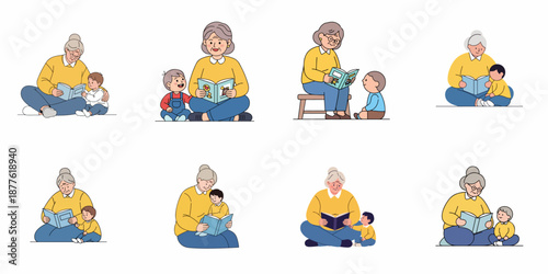 Elderly grandmother reading a storybook to her young grandson, a collection of heartwarming illustrations showing intergenerational bonding and childhood education.