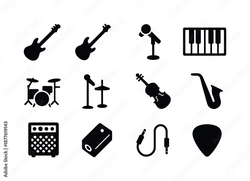 Obraz premium Instrument Icon Set. Instrument recording. Solid icon set of Instrument recording: guitar silhouette, bass guitar, acoustic guitar mic, piano keys, drum set,
