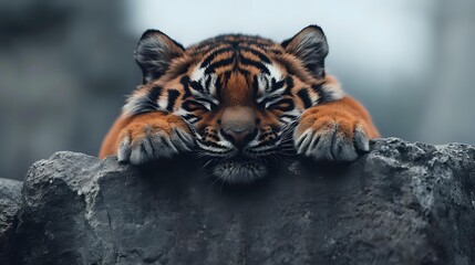 Young tiger cub resting on dark stone surface with paws hanging over edge, orange and black striped fur, intense gaze, wildlife photography concept.