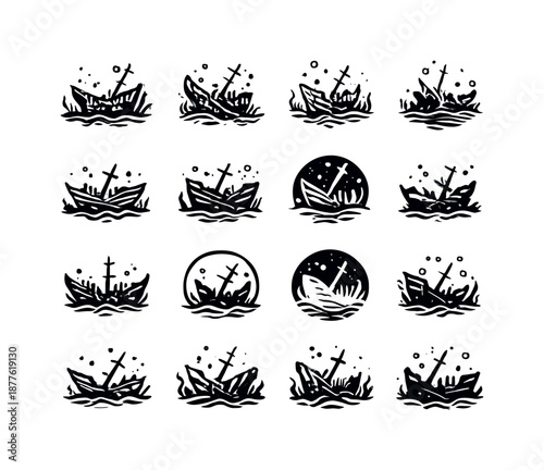 Sunken Ship Icons. sunken ships. Icon set. Set Logo of sunken ships: skeletal frame of ship. harmonious logo variations of the same emblematic concept, each