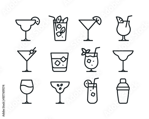 Cocktail Icon Grid. cocktail specials. Line icon set of cocktail specials: margarita glass, mojito glass, cosmopolitan glass, pina colada, martini glass,