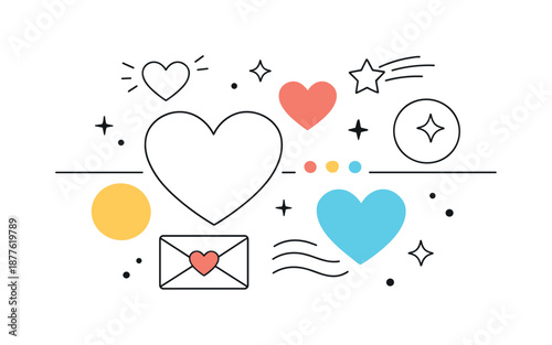 Abstract Love Harmony. Abstract love symbols poster. Simple hearts, lines and circles arranged in a balanced modern composition. Emotional warmth, harmony and