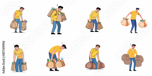Man struggling to carry heavy bags of groceries after shopping, looking tired and overwhelmed. Vector illustration set showing consumer fatigue.