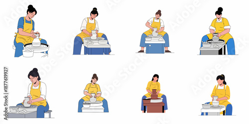 Set of Women Making Pottery on a Wheel. Collection of Potters Shaping Clay Vessels in Art Workshop. Ceramic Crafting Process Illustrations.