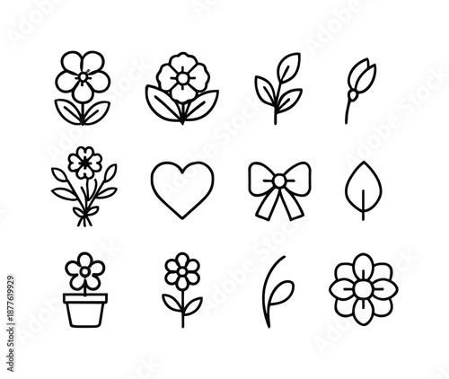 February Birth Flower Icons. February birth flowers. Line icon set of february birth flowers: violet, primrose, leaf sprig, bud, bouquet, heart symbol, ribbon,