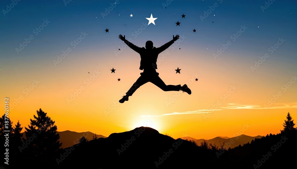 custom made wallpaper toronto digitalSilhouette Of A Person Joyfully Jumping High In The Air Against A Vibrant Sunset Sky Over A Mountainous Horizon At Dusk