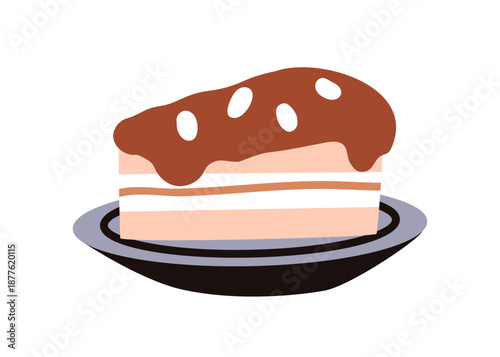 Cake slice, sweet dessert served on plate. Pastry with chocolate icing. Vanilla sugar snack with melting choco frosting, sprinkles, cream filling. Flat vector illustration isolated on white background