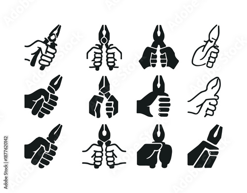 Hands-On Icons. Hands-on job. Icon set. Set Logo of hands-on job: pliers. harmonious logo variations: Stylized detail, Symmetrical form, Flat solid, Minimal