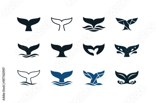 Marine Mammals Logo Set. Marine mammals. Icon set. Set Logo of Marine mammals: whale tail fluke. harmonious logo variations of the same emblematic concept,