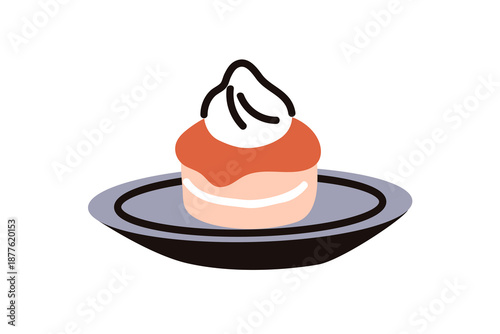 Dessert, pastry with whipped cream. Sweet sugar food, treat served on plate. Bakery with creamy topping, delicious snack, patisserie portion. Flat vector illustration isolated on white background