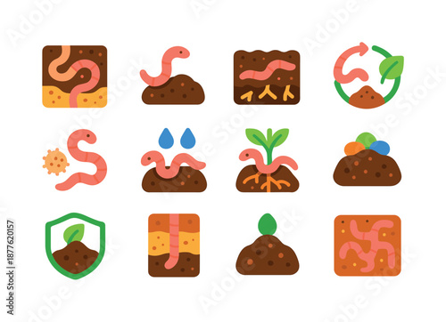 Colorful Soil Worm Icons. Soil Worms. Colorful flat vector icons set of Soil Worms: soil burrow diagram, decomposer worm, humus layer worm, nutrient cycle