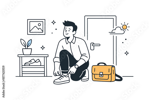 Morning Departure Prep. Morning routine ready to go. Person putting on shoes or grabbing a bag near the door, confident posture. Smooth transition from home to