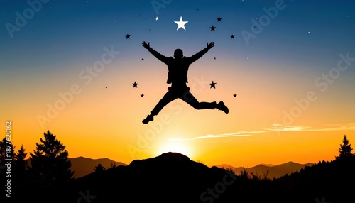 Wallpaper Mural Silhouette Of A Person Joyfully Jumping High In The Air Against A Vibrant Sunset Sky Over A Mountainous Horizon At Dusk Torontodigital.ca