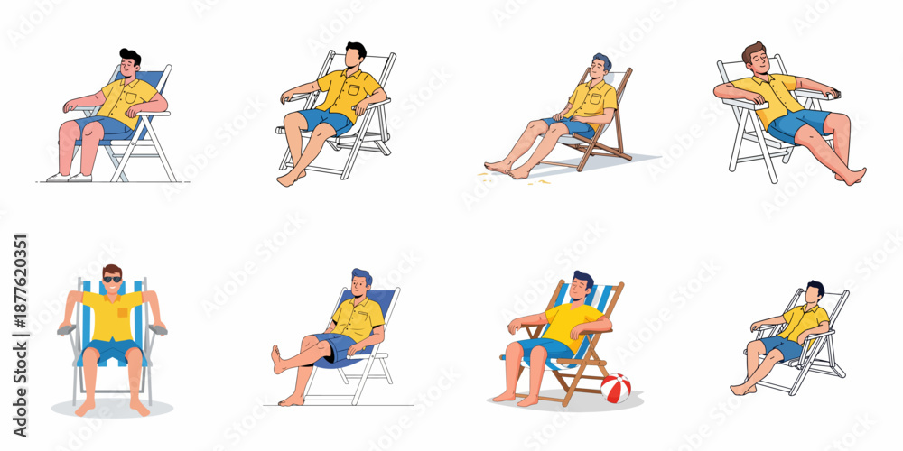 Fototapeta premium Set of 8 illustrations showing a young man relaxing in different poses on beach or deck chairs, perfect for summer vacation and leisure concepts.