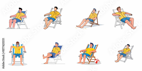 Set of 8 illustrations showing a young man relaxing in different poses on beach or deck chairs, perfect for summer vacation and leisure concepts.