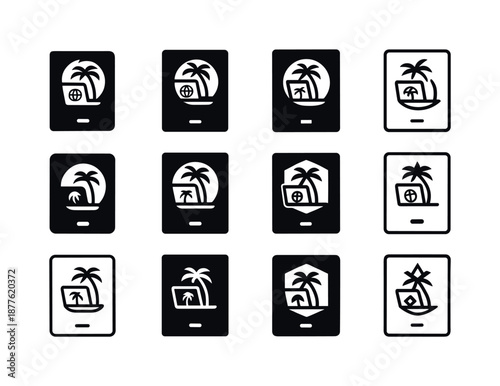 Digital Nomad Icons. Digital Nomad Communities and Remote Workspaces. Icon set. Set Logo of digital nomad communities and remote workspaces: digital passport.